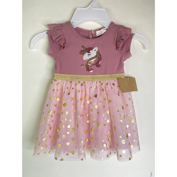 Young Hearts Baby Girls 3-6 Months Pink Gold Unicorn Tutu Dress NEW - Picture 1 of 6